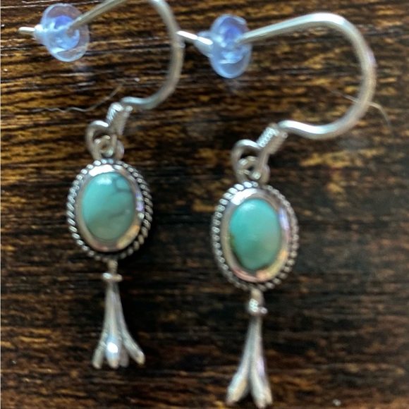 Small Squash Blossom in Sterling Silver and Turquoise Dangle Earrings - Picture 2 of 4